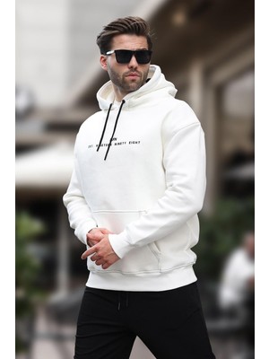 Hakay Madmext Ekru Kapüşonlu Nakış Detaylı Cepli Erkek Sweatshirt 7066,EKRU M