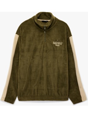 Hakay Renk Bloklu Yarım Fermuarlı Yaka Polar Sweatshirt