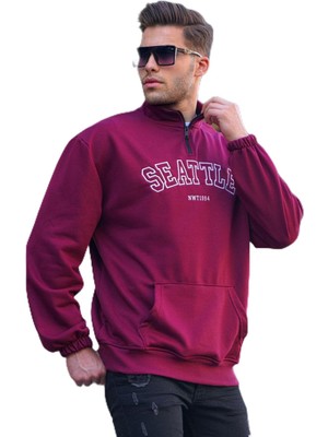 Hakay Madmext Bordo Fermuar Yakalı Nakışlı Sweatshirt 6026,BORDO Xl