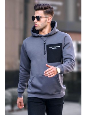 Hakay Madmext Füme Baskılı Kapşonlu Sweatshirt 6004,FÜME S