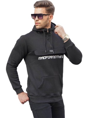 Hakay Madmext Siyah Kanguru Cep Kapüşonlu Sweatshirt 4729,SIYAH L