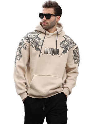 Hakay Madmext Bej Kapüşonlu Cep Detaylı Baskılı Erkek Sweatshirt 7052,BEJ L