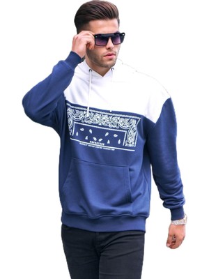 Hakay Madmext Lacivert Kapüşonlu Desenli Sweatshirt 6022,LACIVERT L