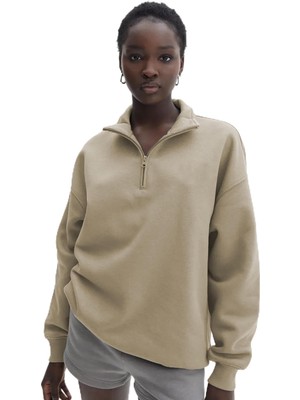 Hakay Madmext Bej Fermuar Detaylı Oversize Sweatshirt MG1933,BEJ M