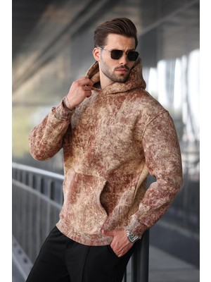 Hakay Madmext Kahverengi Desenli Kapüşonlu Erkek Sweatshirt E7167,KAHVERENGI S