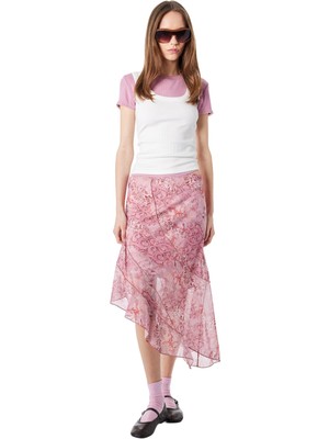 Hakay Desenli Asimetrik Kesim Slim Fit Midi Etek