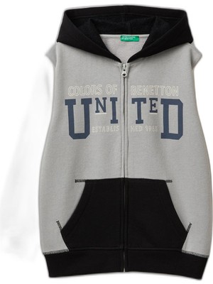 Hakay United Colors Of Benetton Erkek Çocuk Gri-Krem Önü Logo Baskılı Cepli Fermuarlı Şardonlu Sweatshirt, 13-14-Yas, 225A3EB5C505L, Gri-Krem, Erkek-Çocuk