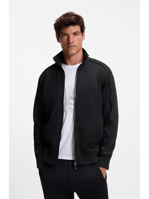 Hakay Erkek Kapitone Jakarlı Normal Kesim Logo Işlemeli Fermuarlı Uzun Kollu Siyah Sweatshirt 50549706-001