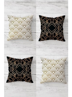 Die Grup Pelangi Gold Geometrik Çizgili Kombin Gizli Fermuarlı Kırlent Kılıfı Koltuk Yastık Kılıfı TAKIM(4ADET), Gold-Siyah-Beyaz 45 x 45