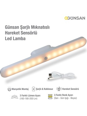 Die Grup Günsan Şarjlı Mıknatıslı Hareket Sensörlü LED Lamba - Dolap Içi, Mutfak, Kitaplık, Tezgah Altı Aydınlatma - 3 Renk Modu - Dim Edilebilir - Işık Hafızalı
