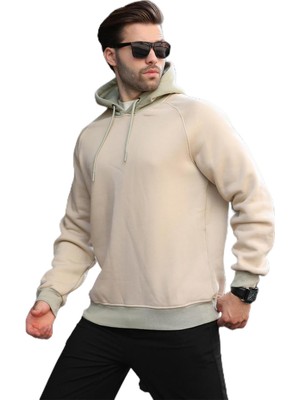 Hakay Madmext Bej Renk Bloklu Kapüşonlu Sweatshirt 7073,BEJ S