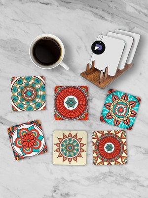 Hakay Postermanya (PSTER21257) Etnik Mandala Desenli Standlı Ahşap Bardak Altlığı Seti, 6 Adet Baskılı Bardak Fincan Kahve Altlığı