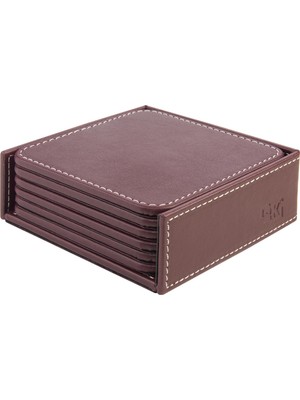 Hakay Bardak Altlığı,6’lı Set,masaüstü Kare Cup Coaster,vegan Suni DERI,11X11 Cm.,bordo
