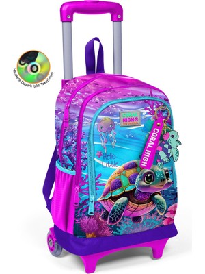 Hakay Coral High Işıklı Tekerlekli Pembe Mor Kaplumbağa Çekçek Okul Çantası - Kız Çocuk