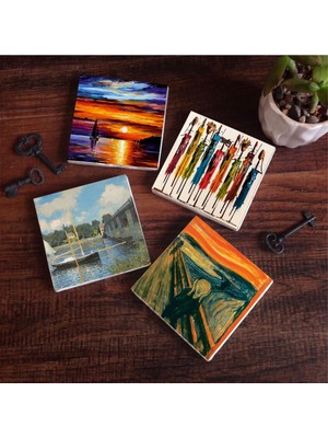 Hakay Pinecone Stone Claude Monet Argenteuil'de Köprü, Çığlık, Yerli Kadınlar, Deniz Manzarası Taş Bardak Altlığı Seti - 4 Parça - Dekoratif, Rustik Mutfak Aksesuarı, 10X10 Cm, Kaydırmaz Tabanlı SC442