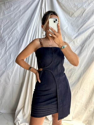 Gözde Tasarım Butik Kadın Deri Ip Askılı Likralı Asimetrik Parçalı Denim Kot Elbise