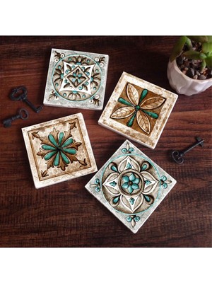 Hakay Pinecone Stone Fas Desenli Vintage, Çini Sanatı Taş Bardak Altlığı Seti - 4 Parça - Dekoratif, Rustik Mutfak Aksesuarı, 10X10 Cm, Kaydırmaz Tabanlı, Şık ve Dayanıklı SC193