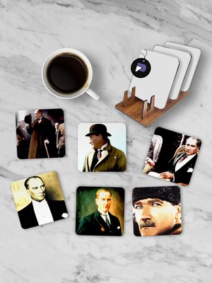 Hakay Postermanya (PSTER21275) Mustafa Kemal Atatürk Standlı Ahşap Bardak Altlığı Seti, 6 Adet Baskılı Bardak Fincan Kahve Altlığı