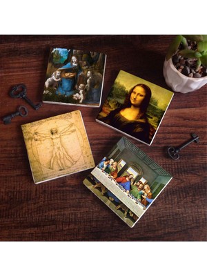 Hakay Pinecone Stone Da Vinci Son Akşam Yemeği, Kayalıklar Bakiresi, Mona Lisa, Vitruvius Adamı Taş Bardak Altlığı Seti - 4 Parça - Dekoratif, Rustik Mutfak Aksesuarı, 10X10 Cm, Kaydırmaz Tabanlı SC171