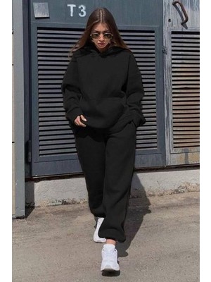 Hakay Madmext Siyah Kapüşonlu Oversize Kadın Eşofman Takımı MG1609