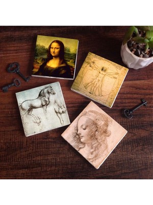 Hakay Pinecone Stone Da Vinci Mona Lisa, Genç Bir Kadının Baş Profili, Vitruvius Adamı, At Heykeli Taş Bardak Altlığı Seti - 4 Parça - Dekoratif, Rustik Mutfak Aksesuarı, 10X10 Cm, Kaydırmaz Tabanlı SC137
