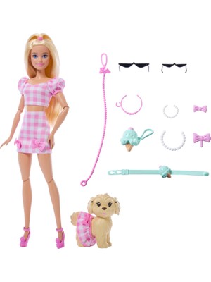 Hakay Barbie Uyumlu Dostlar Sarı Saçlı Bebek ve Köpekçiği, Pötikare Desenli, Pembe Renkli Kıyafetler Giyen ve Güneş Gözlüğü, Kolye ve Fiyonk Gibi Aksesuarlar Takan, JFP36