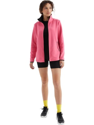 Hakay Fuşya Dik Yaka Fermuarlı Rahat Form Kadın Polar Sweatshirt - 97173