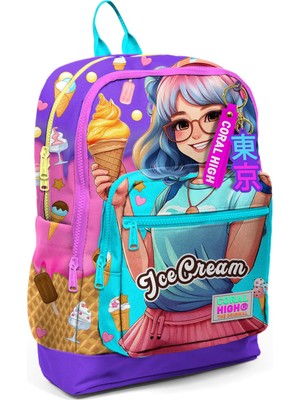 Hakay Coral High Kids Lila Turkuaz Dondurma ve Anime Desenli Dört Bölmeli Okul Sırt Çantası 23773