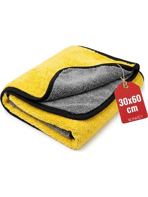 Hakay Wonkey - Ultra Kalın Mikrofiber Oto Araba Yıkama Kurulama Havlusu 60X30 Cm, Orta Boy Çift Katlı Araç Kurutma ve Torpido Silme Bezi (Sarı-Gri)
