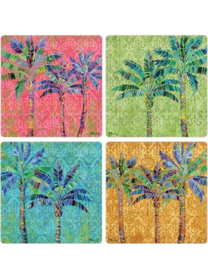 Hakay Coasterstone Paradise Palms Emici Bardak Altlıkları (4'lü Set), 4-1/4", Çok Renkli