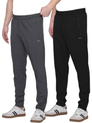 Hakay Slazenger Grıet 2 Li Set Erkek Fermuar Cepli Dar Paça Siyah - Koyu Gri Eşofman Altı