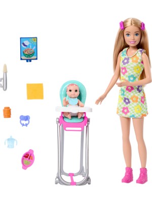 Hakay Barbie Aksesuarlarla Birlikte Gelen Barbie Skipper Bebek ve Oyun Seti, Yemek Zamanı Temalı Bebek Bakıcılığı Seti, Renk Değiştiren Oyuncak, HTK35