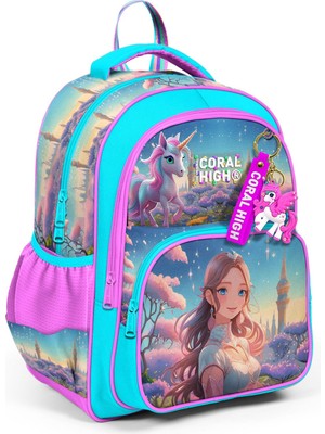 Hakay Coral High Kids Turkuaz Pembe Anime Kız Desenli Üç Bölmeli Okul Sırt Çantası 14420