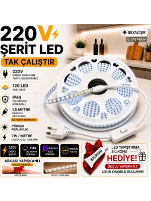 Dgn Led 220V Şerit LED (Beyaz Işık) 1 Metre 120 Led/m Trafosuz Tak Çalıştır 1,5m Fişli Aç/kapa Anahtarlı