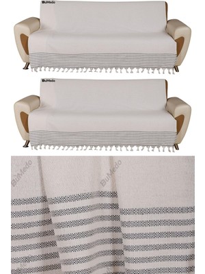 Hakay Buldan Işi Kaymaz Pamuklu 2'li Koltuk Örtüsü 170X210 cm Kaliteli Koltuk Şalı Çekyat Kanepe Örtüsü (2 Adet) (Kreme Gri)