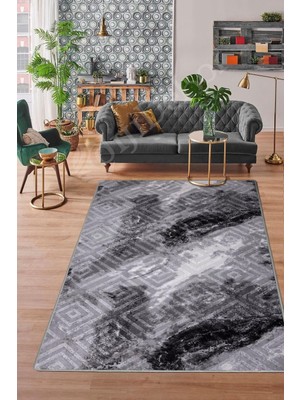 Hakay Dijidekor Halı Antrasit Cool Karo Yıkanabilir Kesme Ince Yolluk Kilim Salon Halısı Modelleri, Antrasit-Saçaksız, 80X150
