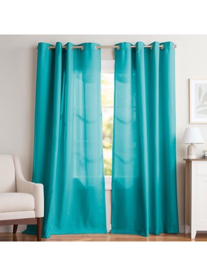 Hakay Exclusive Home Curtains EH8092-08 2-108G Loha Keten Gromet Üst Perde Panel Çifti, 54X108, Mavi Camgöbeği