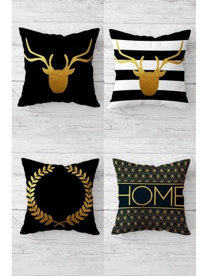 Hakay Pelangi Gold Geyik Desenli Home Yazılı Gizli Fermuarlı Kırlent Kılıfı Koltuk Yastık Kılıfı TAKIM(4ADET), Siyah-Gold 45 x 45