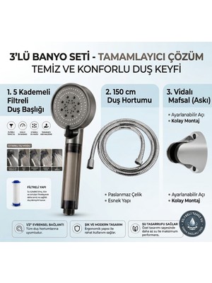 deyhome Premium  3'lü Banyo Duş Seti - Filtreli Duş Başlığı, 150 cm Hortum ve Vidalı Mafsal Askı