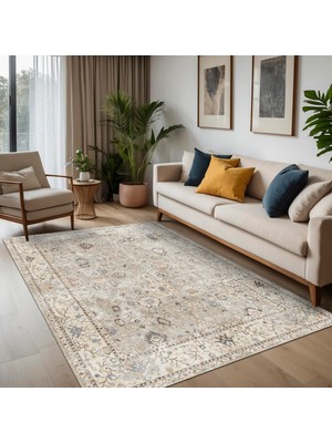 Hakay Latte Dizayn Monty Vintage Desenli Şönil Pamuk Tabanlı Yıkanabilir Kaymaz Antibakteriyel Salon Halısı 80X200