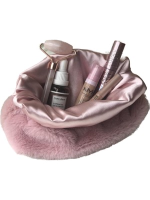 Hakay Melsea Peluş Makyaj Çantası Pudra Pembe Organizer Seyahat Çantası