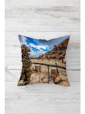 Hakay Pelangi Nemrut Dağı Desenli Çift Tarafı Baskılı Gizli Fermuarlı Yastık Kılıfı Kırlent Koltuk Yastık Kılıfı, Mavi-Bej 45 x 45, 24691205645451