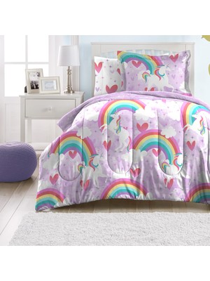 Hakay Dream Factory Çocuk 5 Parçalı Komple Set Kolay Yıkanır Süper Yumuşak Mikrofiber Yorgan Yatağı, Ikiz, Mor Tek Boynuzlu At Gökkuşağı