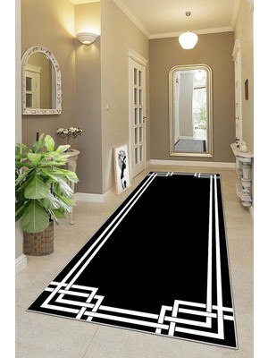 Hakay Pelangi Geometrik Çizgi Desenli Dijital Baskı Yıkanabilir Kaymaz Taban Etnik Kilim Desen Salon Halı, Siyah 100 x 250, 95541481002507