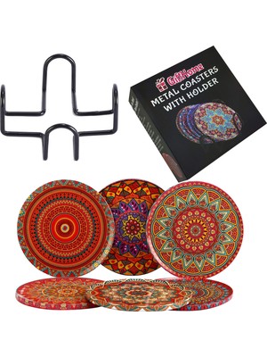 Hakay Gifthome 6 Lı Çini Desenli (Sunset) Metal Bardak Altlığı ve Metal Stand