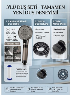 deyhome Premium  3'lü Banyo Duş Seti - Filtreli Duş Başlığı, 150 cm Hortum ve Vidalı Mafsal Askı