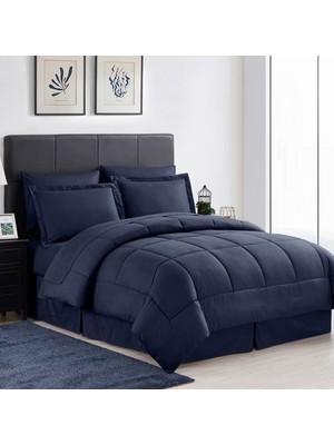 Hakay Sweet Home Collection 2 Yastık Kılıfı & 2 Yastık Kılıfı & Yatak Eteği Dört Mevsim Sıcaklık, Ince Çift Fırçalı MIKROFIBER/%100 Fiber Dolgu, Yunan Anahtar Lacivert, Kraliçe