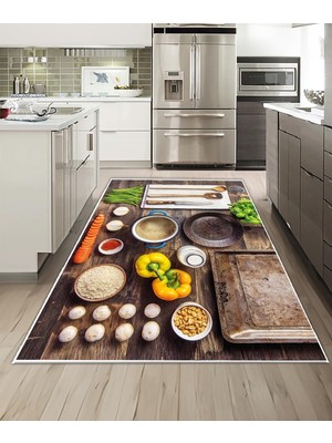 Hakay Dijidekor Işıltı Koleksiyonu MODEL250 Süngerli Dijital Baskılı Saçaksız Mutfak Halısı Yolluk, Kahverengi, 100X150