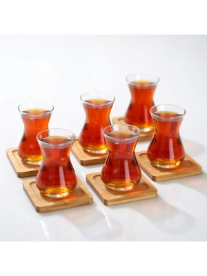 Hakay Çay Bardağı ve Bambu Altlık Seti, Şeffaf Cam, Doğal Bambu, 6 Bardak ve 6 Altlık
