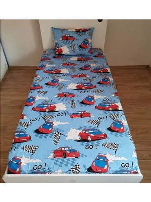 Hakay Denizli Çeyiz Tek Kişilik Lastikli Fitted Çarşaf Takımı Kırmızı Araba Mavi 100 x 200